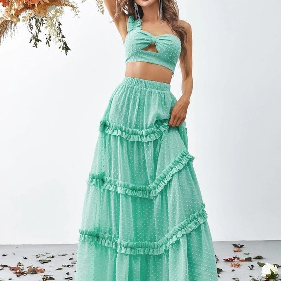 Mint Blue Swiss Dot Ruffle Trim Crop Tube Top & Layer Hem Skirt